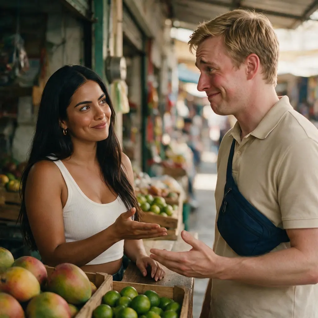 At a market stall, a vendor gestures mid-sentence while an expat smiles and nods along, clearly not understanding a word