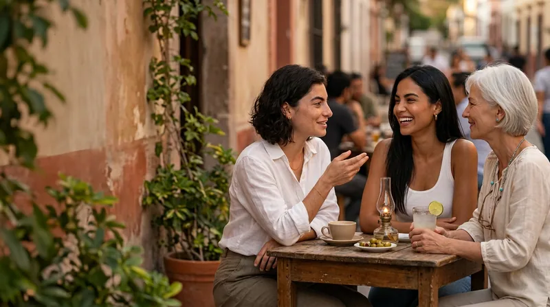 Students chatting around a café terrace table in Mexico