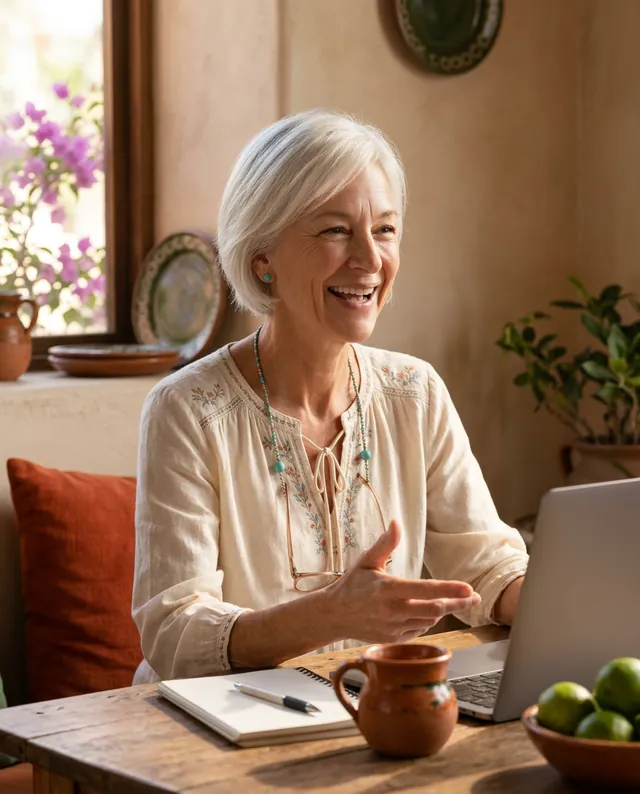 A student laughs mid-answer during a live online Spanish class at her kitchen table